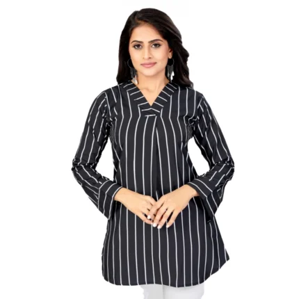 Generic Women's Poly Crepe V-Neck Full Sleeves Short Top (Black)
