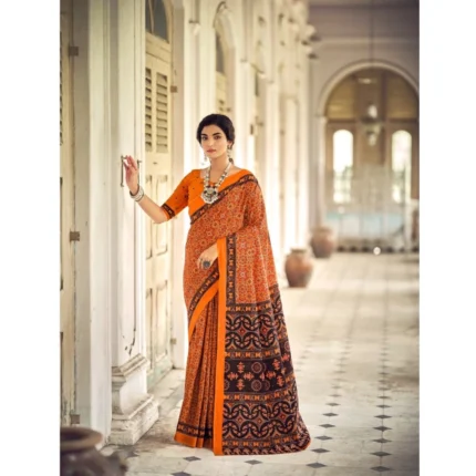 Generic Women's Cotton Printed Saree With Unstitched Blouse 5.5Mtr (Mustard)